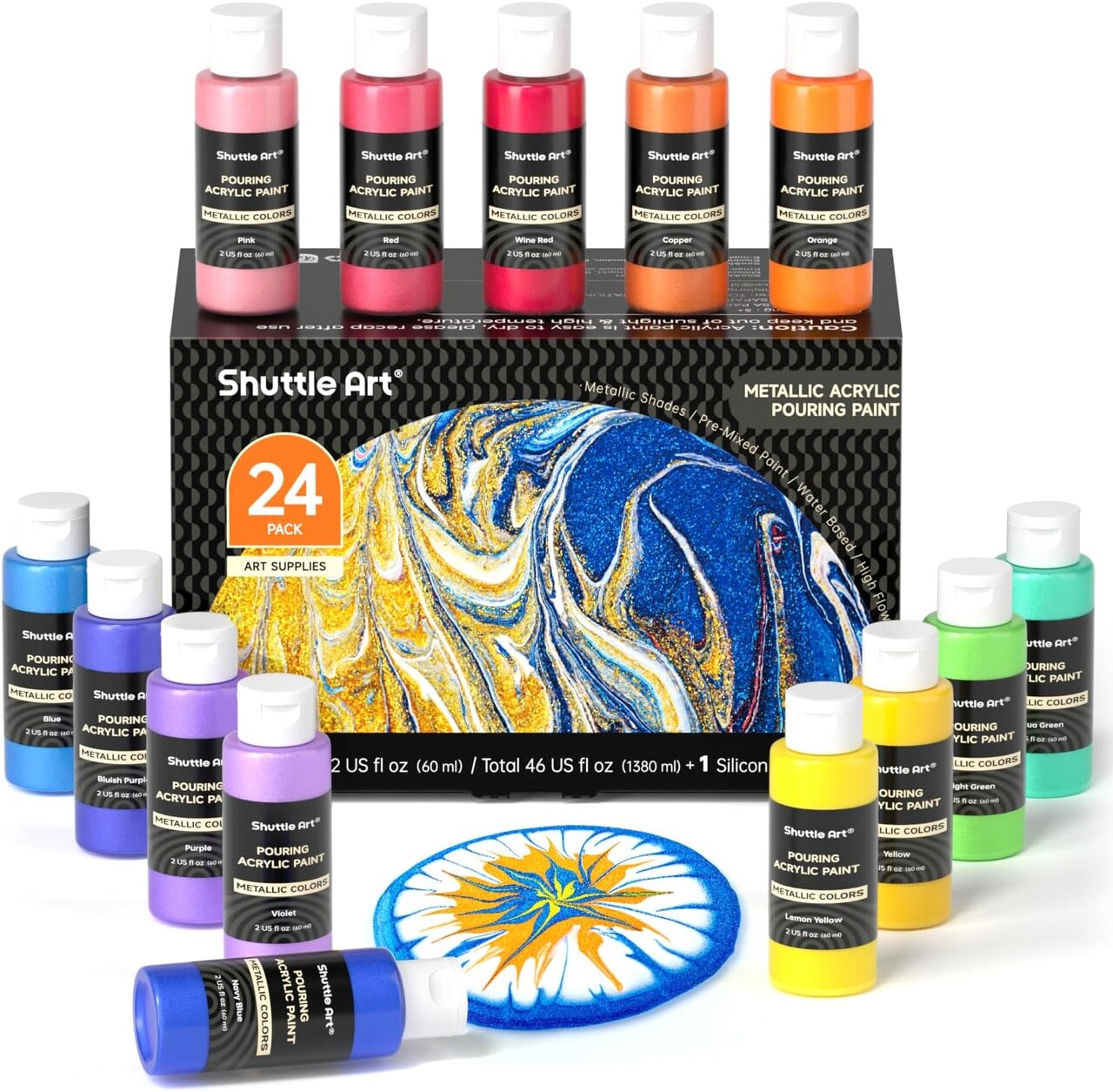 24 Pack Metallic Acrylic Pouring Paint, Shuttle Art 23 Metallic Colors Ready-to-pour Acrylic Paint with 1 Silicon Oil, 60ml/2oz Each, Rich Pigment, High Flow Pour Paint for Canvas, Rock, Ceramic, Wood
